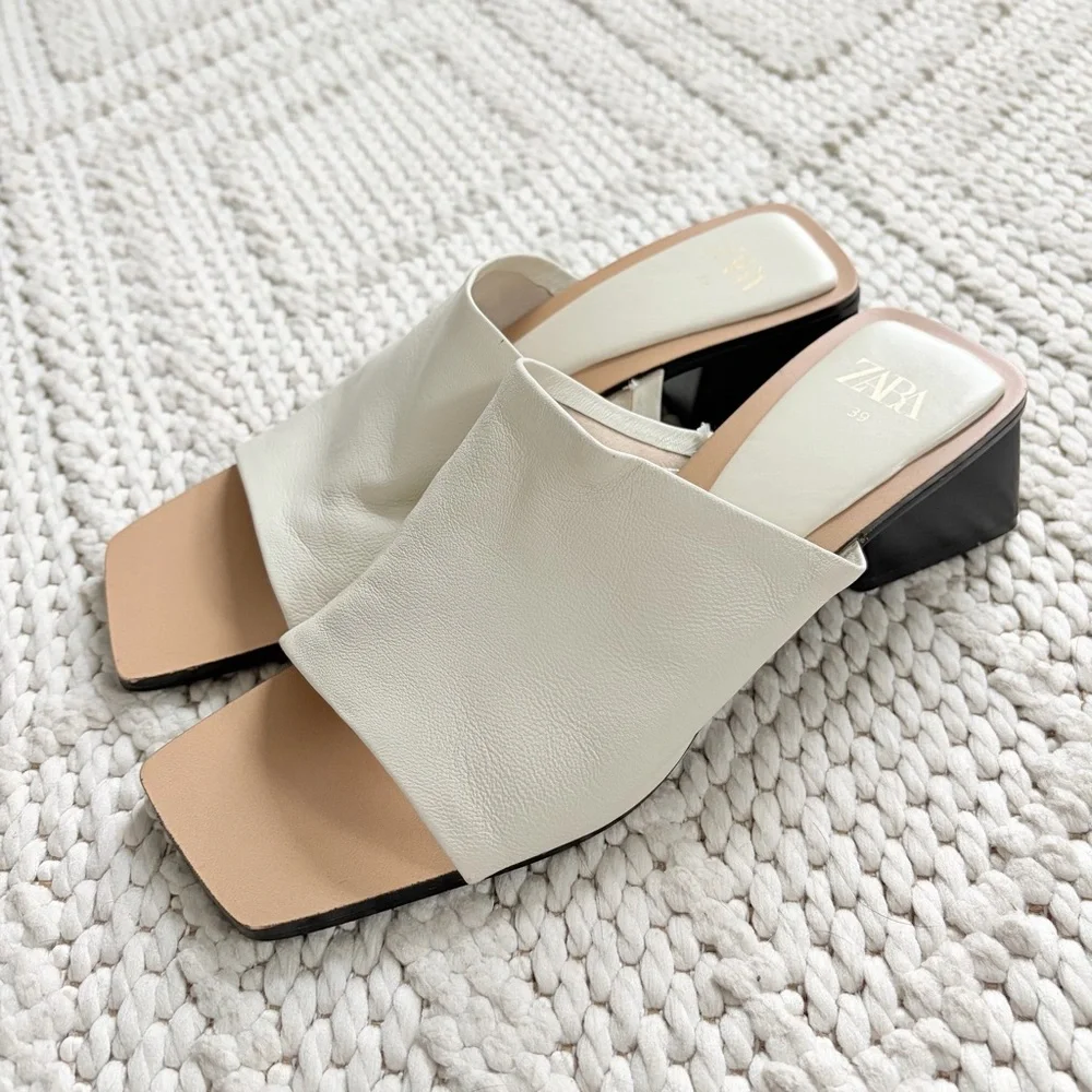 ZARA Cream Ivory White Leather Block Heel Sandals Womens 39 9 EUC - Picture 1 of 7